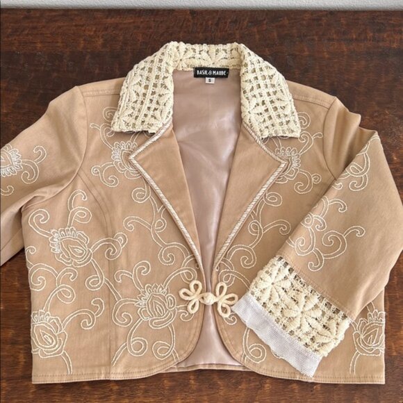BASIL & MAUDE Anthropologie Embroidered Lace Tulle Crop Bolero Blazer Jacket S - Picture 4 of 11